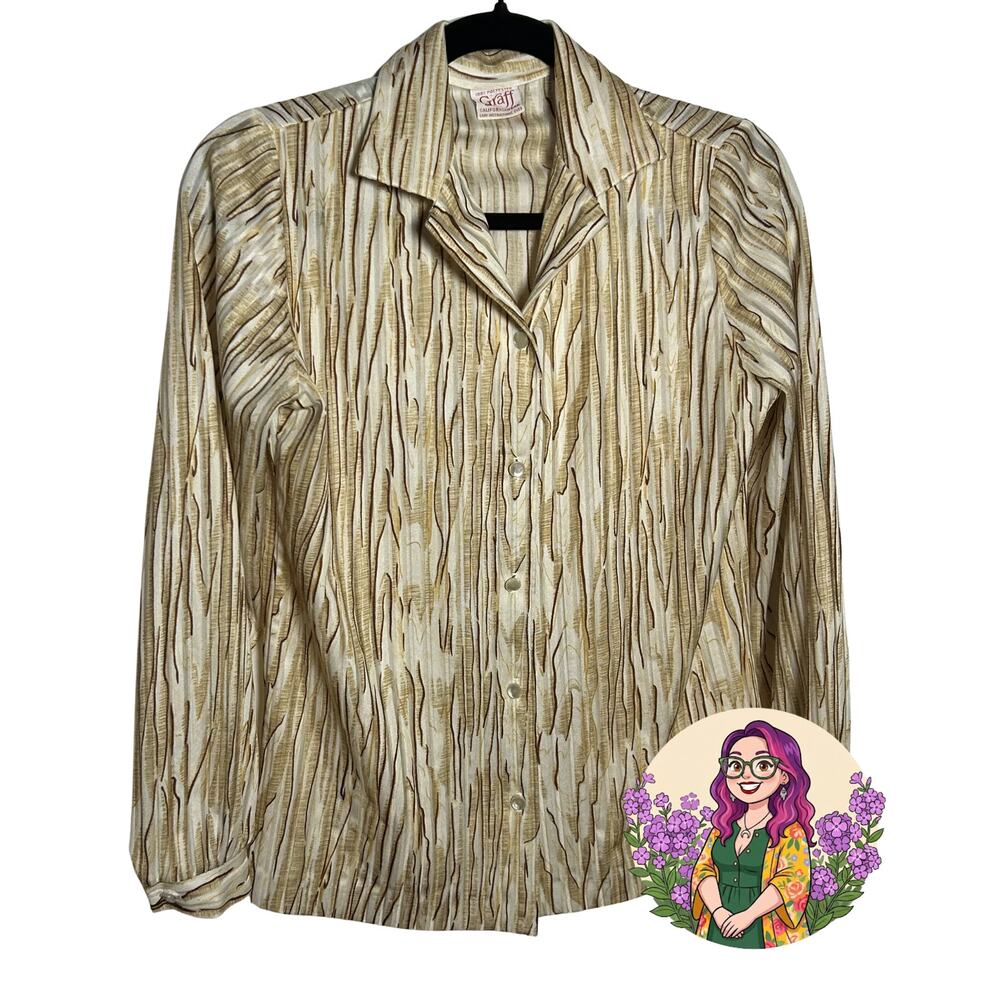 VTG Graff Californiawear Tan Wood Grain Blouse M 70s Faux Bois Novelty Print